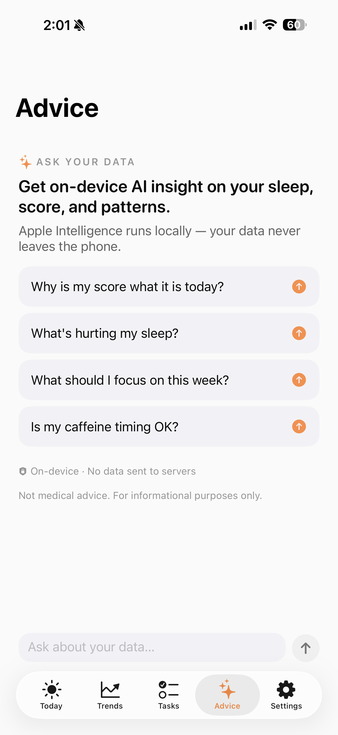 Rise Guide Advice screen with on-device AI chat powered by Apple Intelligence