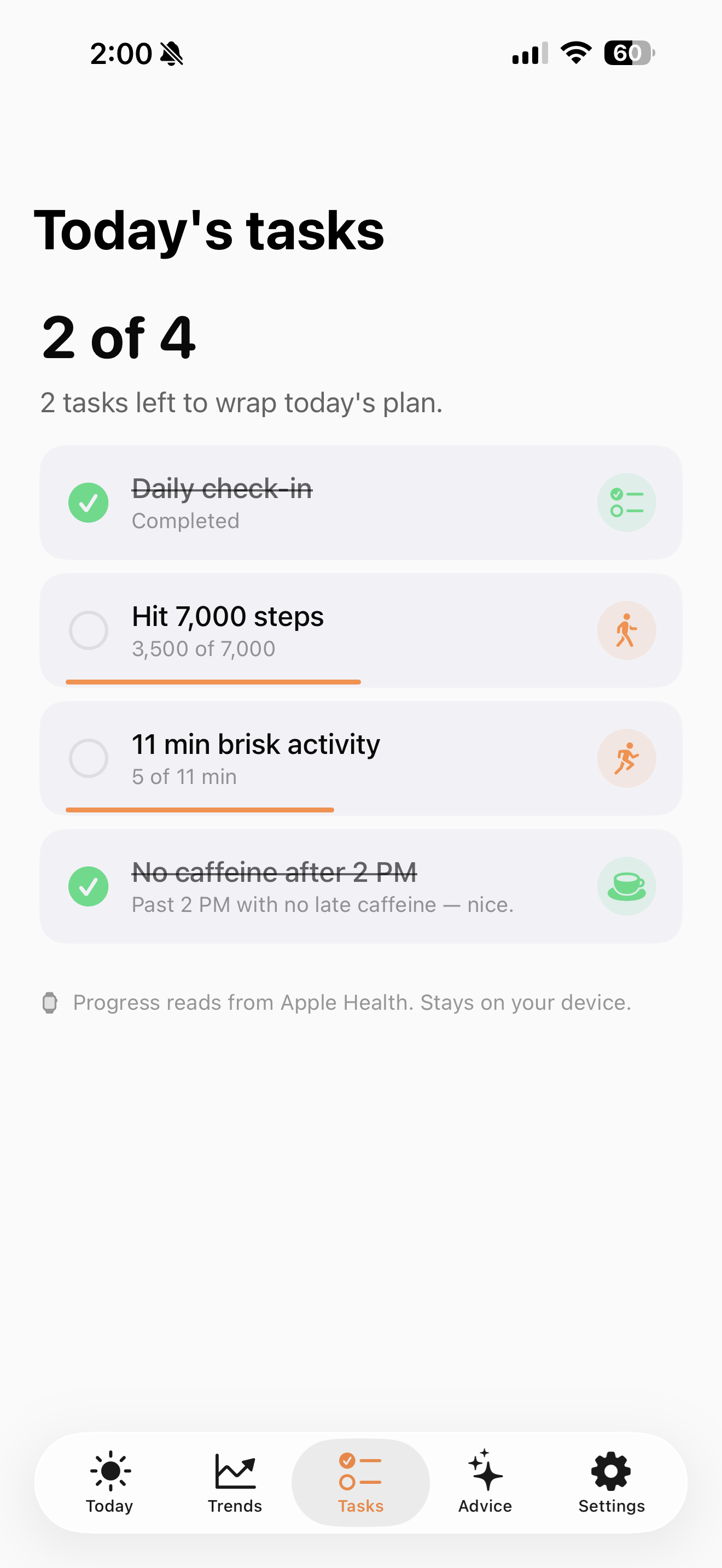 Rise Guide Today's Tasks with progress tracking from Apple Health