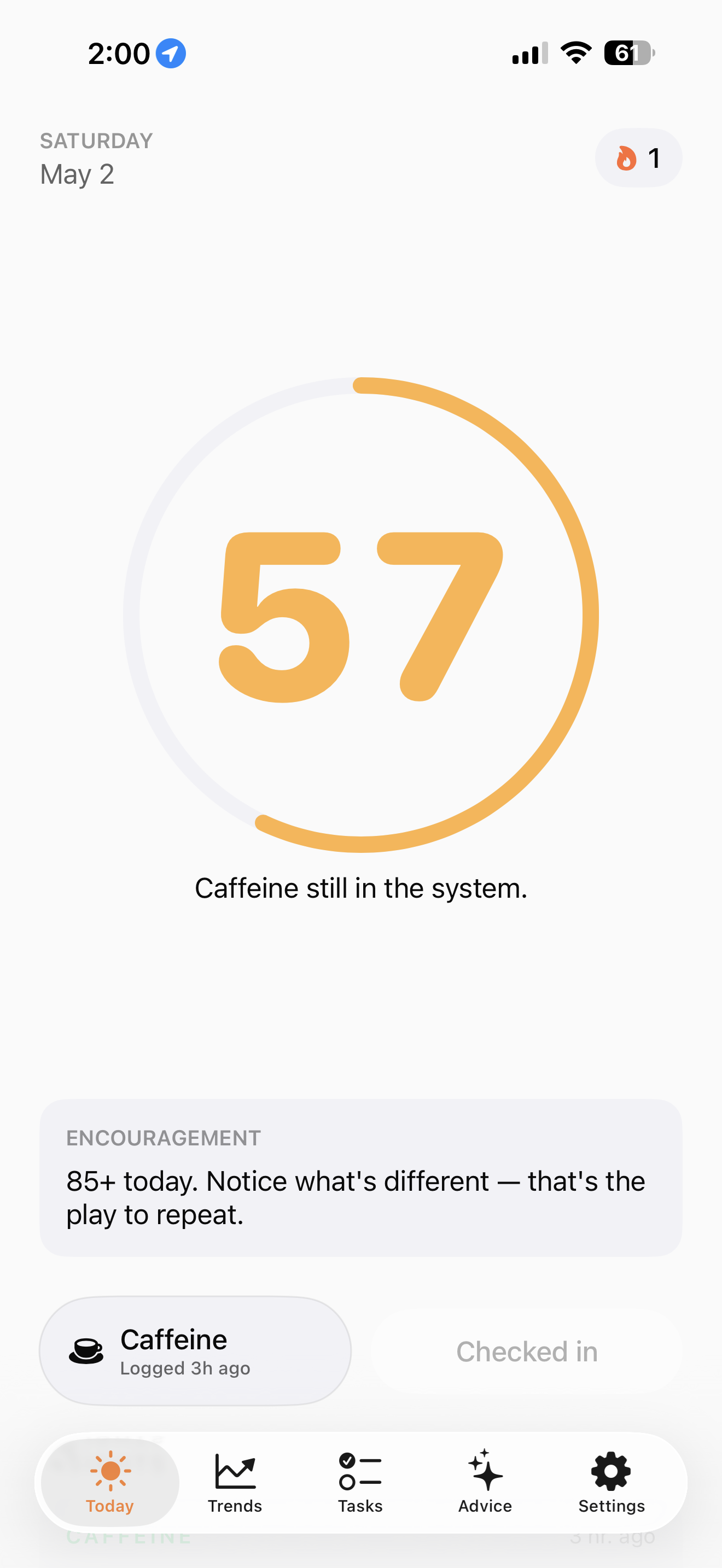 Rise Guide Today screen showing a daily Energy Score of 57